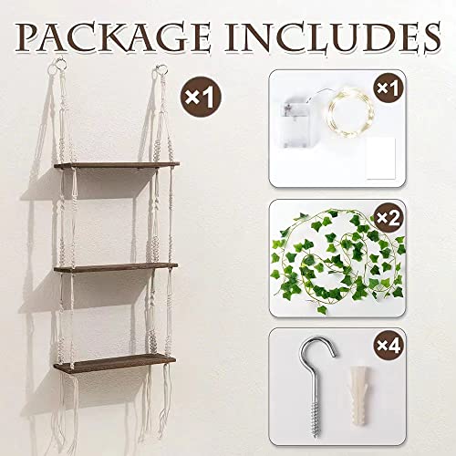 Wood Meets Color 3 Tier Macrame Wall Hanging Shelves With Artificial Ivy Leaves,Boho Room Decor Handmade Cotton Rope,Wooden Hanging Storage Floating Shelves For Small Plants,Living Room Bedroom #TOP5