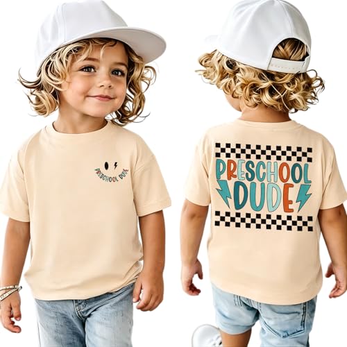 KEKEMI First Day of School Shirt for Toddler Boys Preschool Dude T-Shirt Kids Back to School Outfit Cute Pre-k Tees Tops 3-4T(Beige 4T)