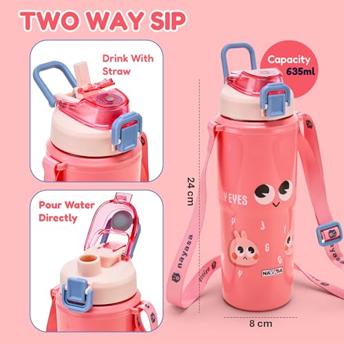 Image of Nayasa Kiddy Duo-Sip Insulated Inner Steel Kids Water Bottle 700-635ml | BPA-Free, Food Grade | Cute Bunny Print | Dual Sipping Modes | With Strap, Handle - Pink