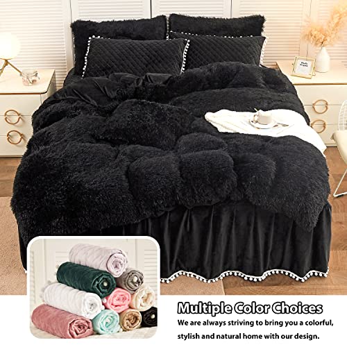 Liferevo 2 Pack Diamond Quilted Velvet Bed Pillowcases, Pom Poms Fringe Decorative Throw Pillow Shams Set Of 2, Soft Bed Pillow Cases Zipper Closure For Teen's Girls Bedroom (Black, King) #TOP6