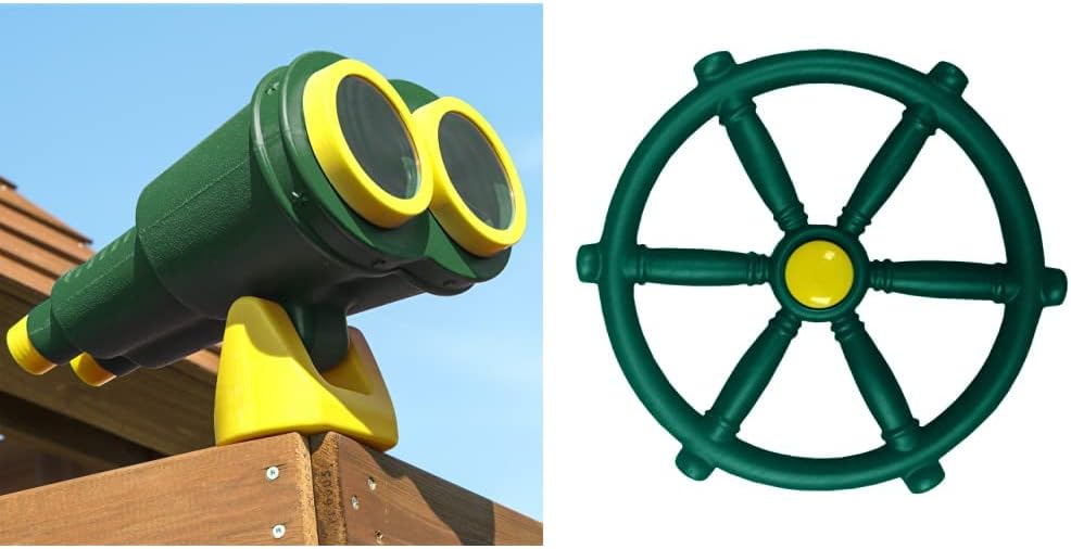 Swing-N-Slide WS 2619 Jumbo Non-Magnifying Swing Set Binoculars, Green and Yellow & WS 1524 Pirate Ship Wheel with 12 Inch Diameter for Swing Sets, Play Sets & Playhouses, Green
