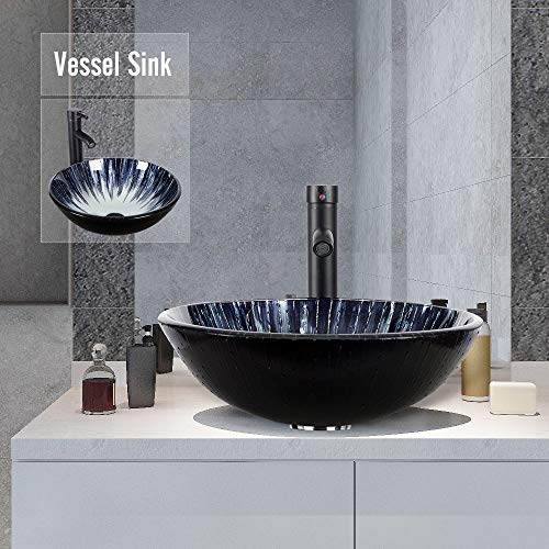 16.5 Inch Bathroom Vessel Sink Bowl and Faucet Combo - Oil Rubbed Bronze Faucet and Pop Up Drain - Tempered Glass