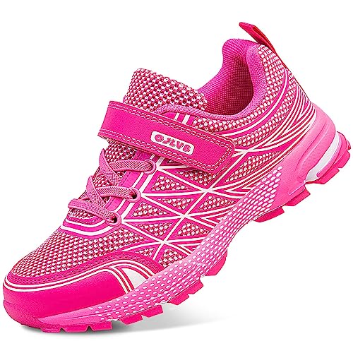 OJLVB Boys Girls Sneakers, Kids Tennis Running Shoes, Athletic Walking Gym Trail Shoe Breathable Lightweight, Rose, 1 Big Kid