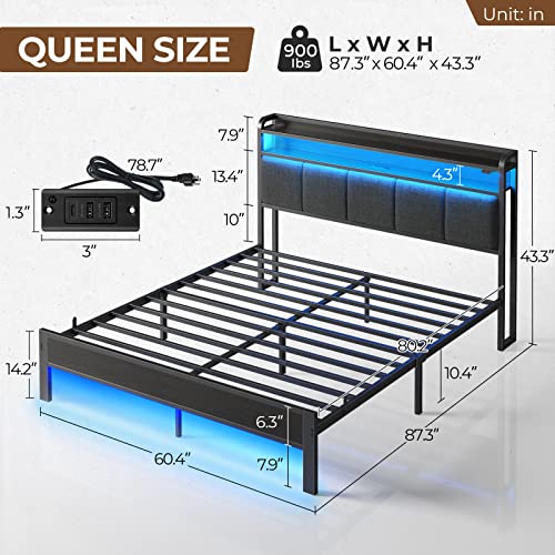 Rolanstar Bed Frame Queen Size With Charging Station And Led Lights, Upholstered Headboard With Storage Shelves, Heavy Duty Metal Slats, No Box Spring Needed, Noise Free, Easy Assembly, Dark Grey #TOP3