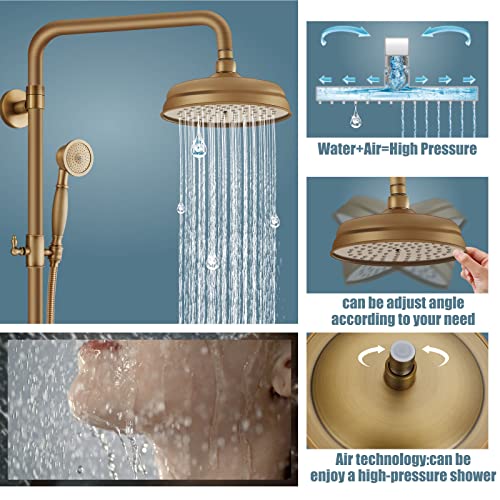Aolemi Sistema de ducha expuesto con ducha de mano y llenador de bañera en latón antiguo | Llenador giratorio para bañera, cabezal de ducha de 8 pulgadas, con rociador de mano, manijas cruzadas dobles, altura ajustable, montaje en pared miniatura 3