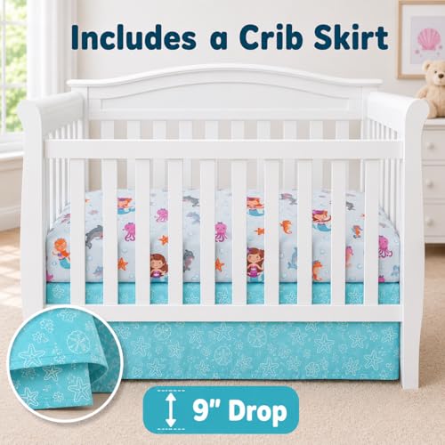 Image of EVERYDAY KIDS 3 Piece Girls Crib Bedding Set - Mermaid Adventures - Includes Quilt, Fitted Sheet and Dust Ruffle - Nursery Bedding Set - Baby Crib Bedding Set