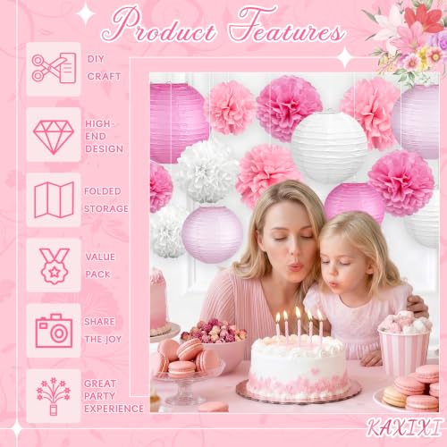 Image of KAXIXI 15-Piece Pink Party Decorations with Paper Lanterns & Pom Poms