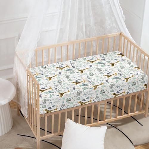 Image of Giraffe Baby Crib Sheets for Boys Girls Animals Fitted Crib Sheet for Standard Crib and Toddler Mattress Green Leaves Baby Mattress Sheets Toddler Bed Sheet 52x28x8 in