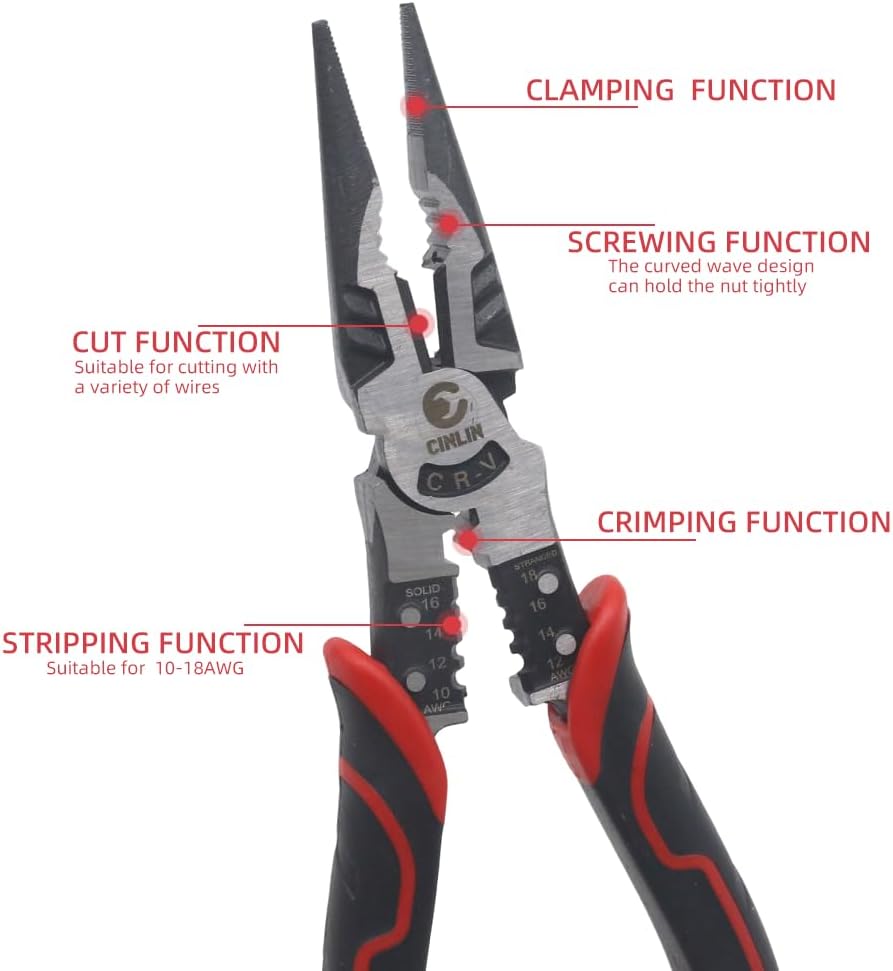 6-in-1 Needle Nose Pliers, 9" Multipurpose Long Nose Pliers with Wire Stripper/Crimper/Cutter Function, Heavy Duty Multifunctional Electrician Pliers for Crimping, Stripping, Shearing,etc.
