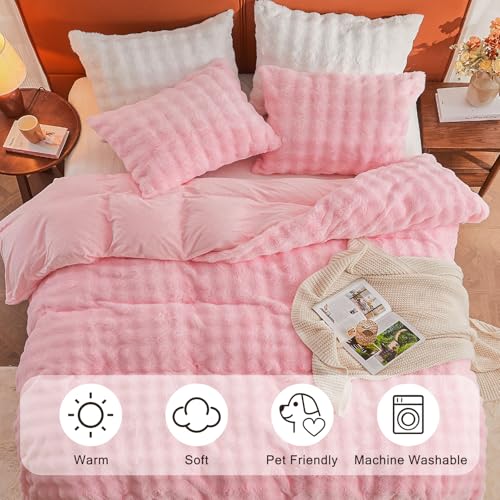 Image of EMME Faux Fur Duvet Cover Twin Size, 2 Pieces Ultra Soft Fluffy Comforter Cover, Cozy Warm for Winter, Luxury Elegant Shaggy Bubble Design Bedding, 1 Duvet Cover & 1 Pillow Shams (Twin, Pink)