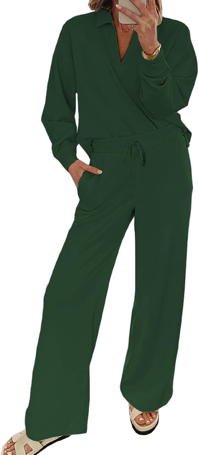 EVALESS Two Piece Sets for Women Lounge Sets Casual V Neck Sweatshirt and Wide Leg Sweatpants Matching Sets Women Clothing