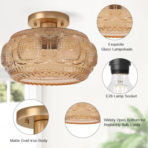 Image of 11 inch Mid Century Glass Semi Flush Mount Ceiling Light Fixture Amber