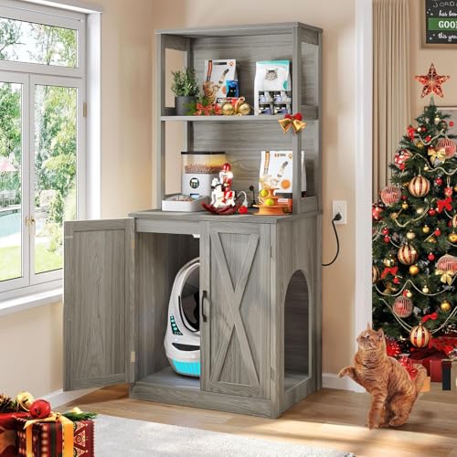 DWVO Large Hidden Litter Box Furniture with Shelves and Charging Station, Wooden Enclosure for Self-Cleaning Litter Boxes, Grey