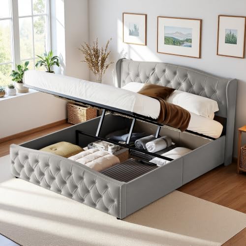 Image of Ottoman Double Bed Frame 135 x 190 cm, Grey Velvet Gas Lift Up Storage Bed