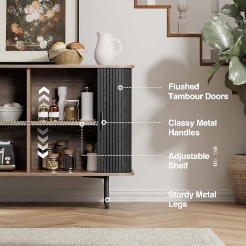 47''W x 32''H Black Buffet Sideboard Cabinet with Storage, Fluted Accent Storage Cabinet with Curvy Edge; Sliding Door, Freestanding Credenza, Console Table for Living Room, Kitchen, Hallway - Thumbnail 7