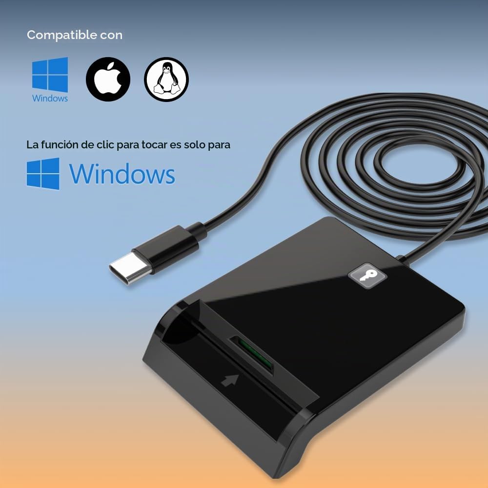 Lector de tarjetas inteligentes de contacto - Lector de tarjetas inteligentes USB con botón virtual para FIDO2 (solo Windows, Cryptnox Cards) - Compatible con Windows, MacOS y Linux - CCID, ISO7816