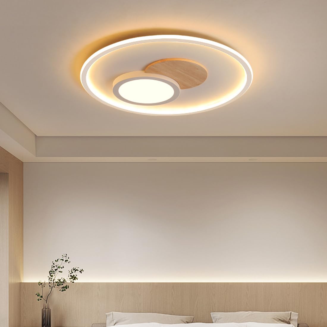 Lampy wiszące LED Lampa sufitowa Drewniana lampa do sypialni z pilotem Ściemnialna Salon Biały Okrągły 50 cm Wnętrze pokoju edukacyjnego
