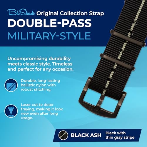 Image of BluShark - Original Collection Military-Style Waterproof Watch Strap, Fits All Timepiece Brands, Durable Nylon Wristwatch Accessories with Stainless Steel Buckle - 18mm, 20mm, 22mm & 24mm Watch Bands