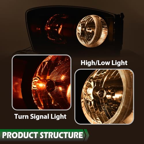 Image of GRAND ORANGE Headlights Assembly with Bulbs Compatible with Dodge Ram 1500 Truck 2006-2008 /Fits Dodge Ram 2500 3500 Truck 2006-2009 Left and Right Side Clear Lens Black Housing Amber Reflector