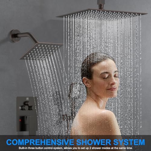 Image of Shower Faucet Set, 12 inch Ceiling Mount Rainfall Shower System with 2 Rain Shower Head and Multi-function Handheld Head Push Button Diverter Shower Faucet Trim Kit (12 inch, Oil Rubbed Bronze)