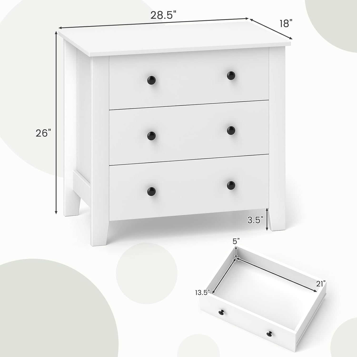 Diagram showing the dimensions of the DORTALA 3 Drawer Dresser: 28.5 inches deep, 18 inches wide, 26 inches high, with drawer inner dimensions of 21 inches by 13.5 inches by 5 inches.