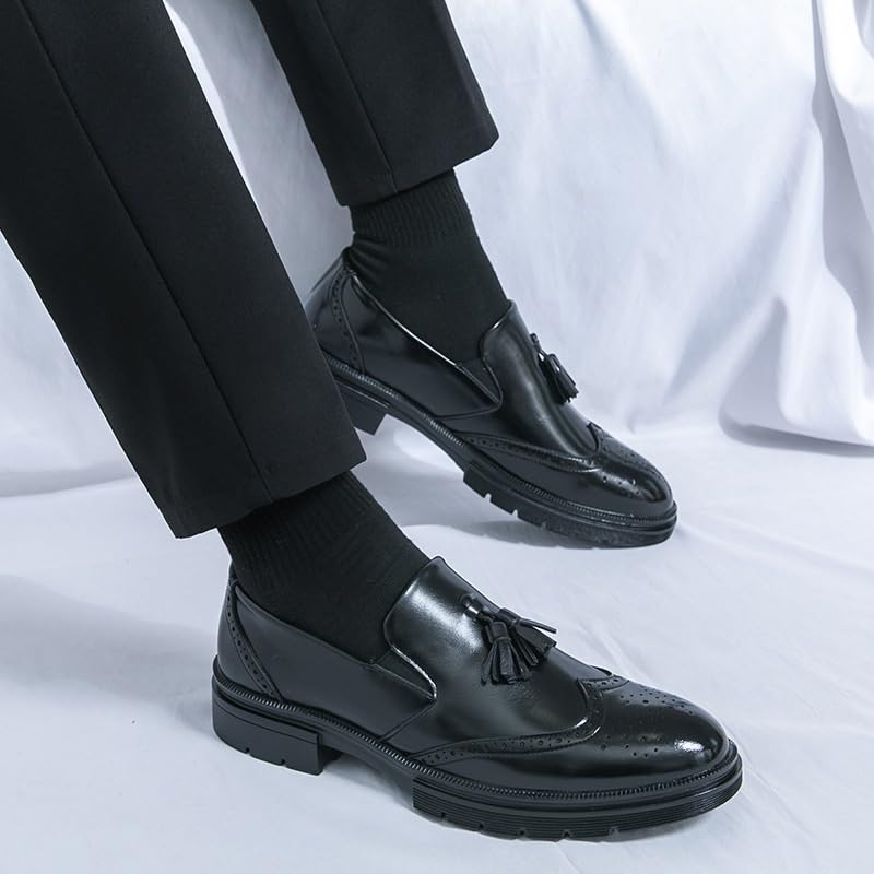Mens Tassel Brogue Dress Oxford Formal Shoes Office Wedding Burnished Leather Business Block Heel Classic Slip On Plain Toe2