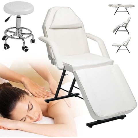 Waktavel 3-Section Massage Table White Massage Bed Adjustable Beauty Bed and Stool Tattoo Chair Salon Chair SPA Bed Eyelash Bed Therapy Couch, PU Leather Massage Chair Facial Bed Table(White) Cover