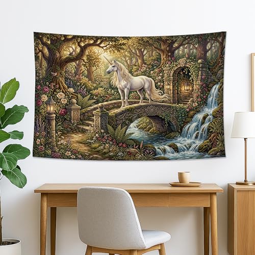 Tapisserie murale de cheval magique de forêt - Décoration murale fantaisie blanche - Décoration naturelle enchantée pour salon, chambre à coucher, style...