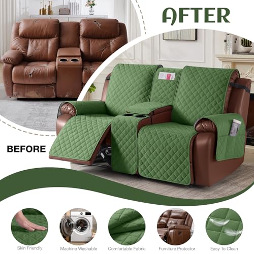 Image of KinCam 100% Waterproof Recliner Loveseat Cover with Console, Non-Slip Reclining Couch Covers for 2 Seat, Recliner Sofa Cover Furniture Protector with Elastic Straps for Kids, Pets, Vine Green