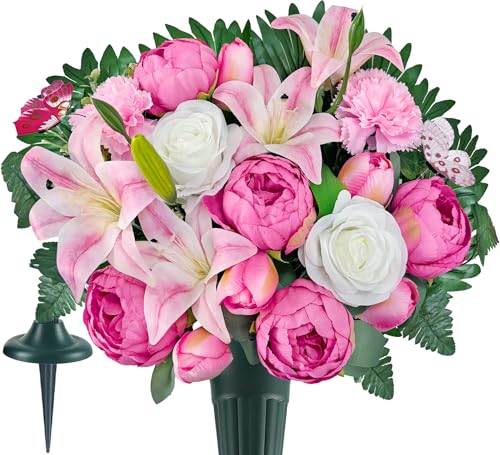 Image of Artificial Cemetery Flowers for Grave Decorations: Gravesite Flowers of Pink Peony Rose Daisy Lily Bouquet with Vase - Ideal for Sympathy & Memorial Tributes