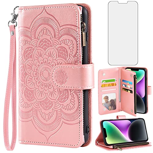 Étui en cuir PU Mandala pour iPhone 14 avec verre de protection
