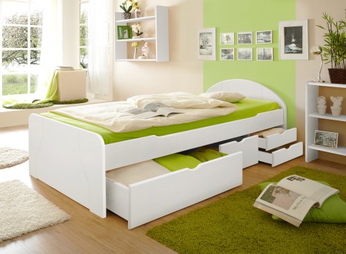 TiCAA Schubkastenbett Erna Kiefer Weiß