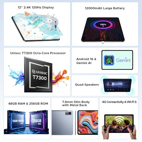 Image of P12 Pro Tablet Android 16 (2026), 2.4K 120 Hz Android Tablet 12 Inch, 48GB RAM+256GB ROM, T7300 CPU, 12000mAh, Gemini AI, 13MP+8MP, Widevine L1, WiFi 5, Bluetooth 5.4, Tablet with Pen - Gray