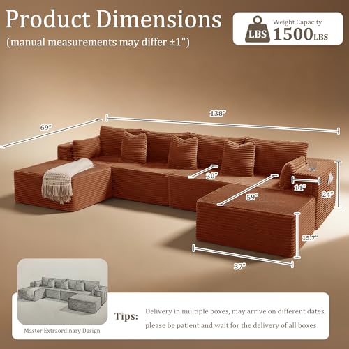 Image of 138 inch Cloud Sectional Couch, Comfort U Shaped Sofa for Living Room, Extra Deep Seats No Assembly, Minimalist Modular Couch, Corduroy (Deep Orange, 6 Seats,U-Shape A)