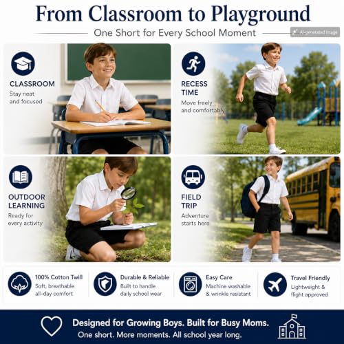 Image of Bienzoe Boys School Uniform Shorts: Flat Front Cotton Bermuda - Adjustable Waist - Breathable for Church Outdoor - Aged 4-13