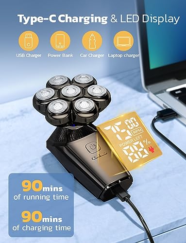 Head Shavers For Bald Men, Shpavver 9 In 1 Head Shaving Kit, Ipx7 Waterproof Rotary Shaver, Wet/Dry Use, Rechargeable, Electric Shavers Black Gold, Ideal Gift #TOP3