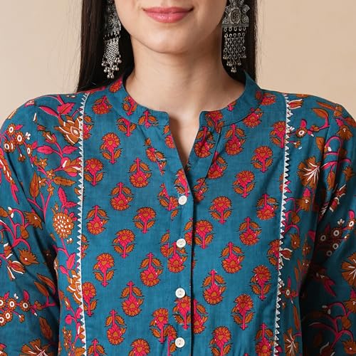 Image of Globus Women Ivory Floral Print A-Line Kurta Set With Trouser-3638388001