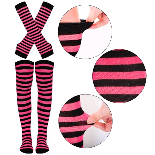 Image of Tongcloud Women's Striped Knee High Socks, Over Knee Thigh High Socks, Arm Warmer and Fingerless Gloves Set