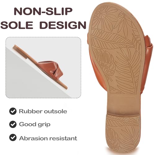 Image of Women's Flat Sandals Round Open Toe Comfortable Fashion Cute Ladies Slides Sandals Women Dressy Summer Flat Leather Casual Fashion Beach Shoes Size 6-11
