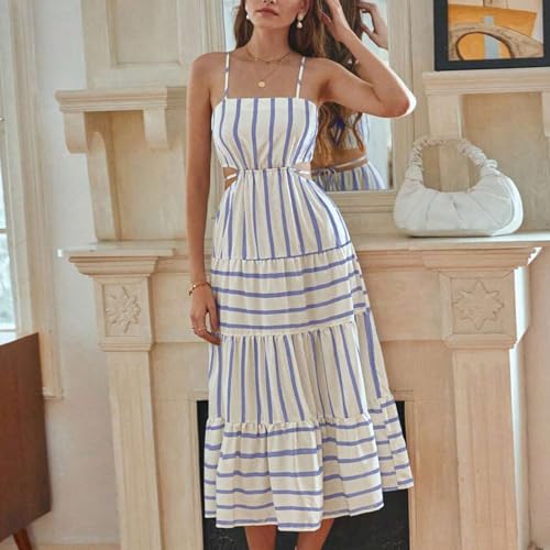 Image of Owl's-Yard Women's Striped Long Dress Summer Sleeveless Spaghetti Strap Front Pocket Dress Flowy Beach Sundress Clubwear
