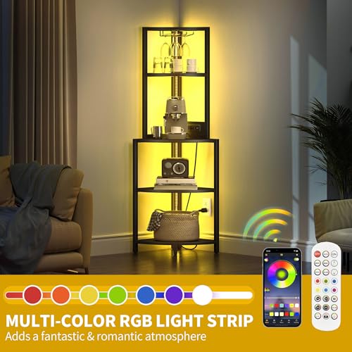 DWVO Corner Shelf with LED Lights & Bookshelf Glass Holder, 4 Tier Corner Wine Bar Rack, Large Wooden Corner's Bookshelf with Display Shelves for Living Room, Dining Room, Kitchen, Black