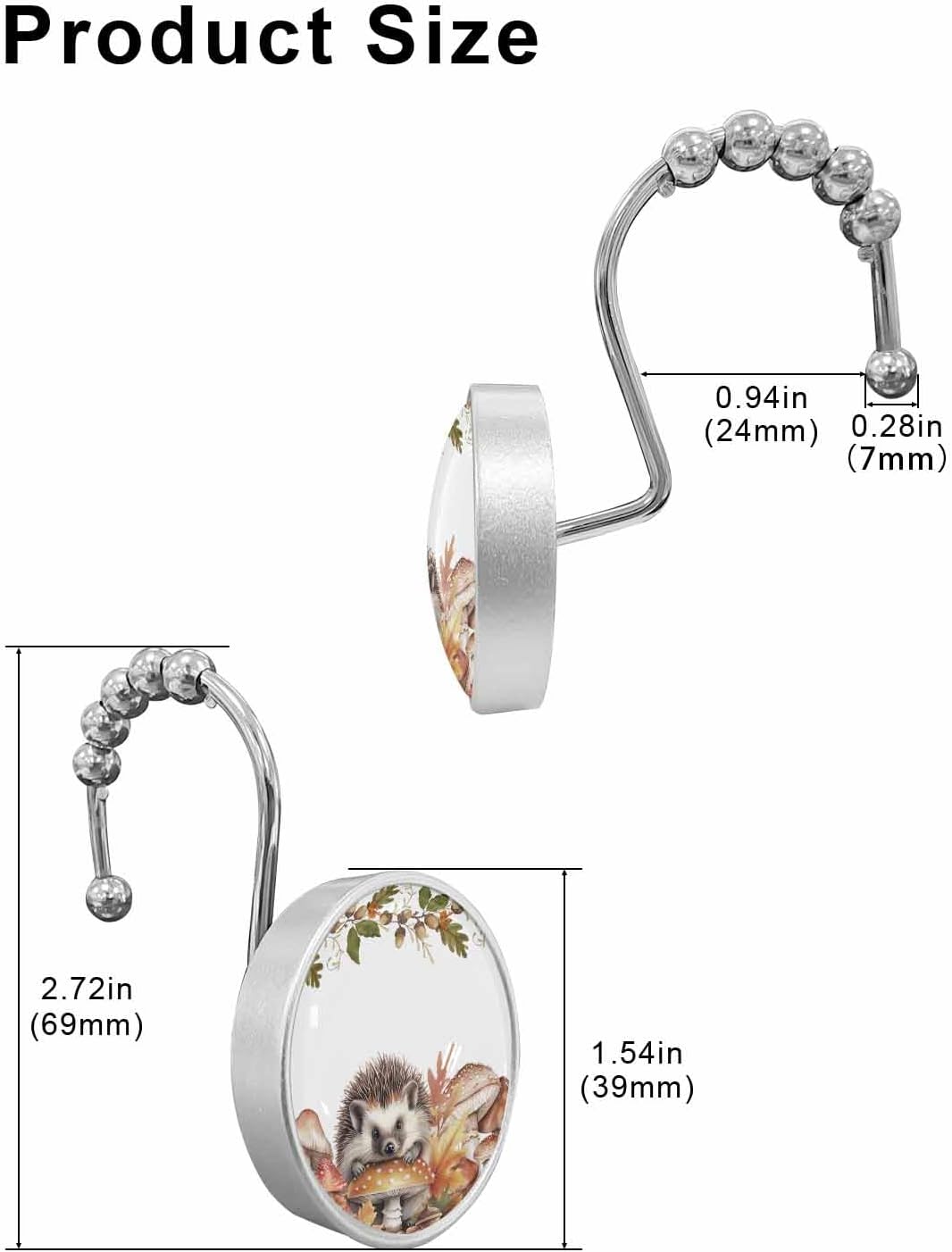 Shower Curtain Hooks 12 Pcs Fall Mushroom Hedgehog Acorn Plant Leaves Stainless Steel Rust Proof Rolling Shower Curtain Rings, Decorative Shower Curtain Hooks Hangers for Bathroom