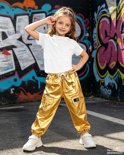 Image of SANGTREE Girls Shiny Hip Hop Outfits,Crop Top Cargo Joggers,4T‑14Y