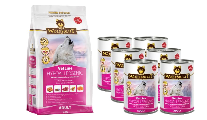 arelf Bundle für Wolfsblut VetLine Hypoallergenic | 6X 395g & 1x 2kg Pferd m. Süßkartoffeln | Bei Futtermittelallergien und -unverträglichkeiten | Nass- & Trockenfutter