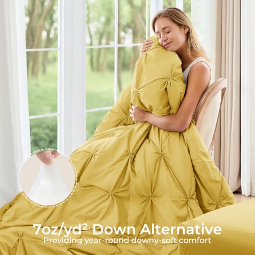 Image of Sasttie Queen Comforter Set, 7-Piece Bed in a Bag, Pintuck Bedding Sets for All Season, Includes Comforter, Flat Sheet, Fitted Sheet, Pillowcases and Pillowshams, Mustard Yellow