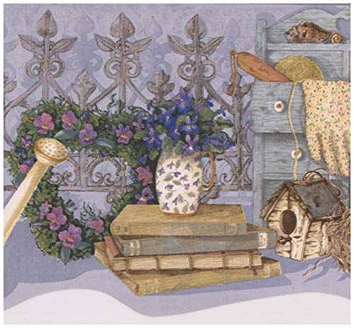 Blue Purple Flowers Garden Fence Shed Tools Farmhouse Wallpaper Border Retro Design, Roll 15' x 7.75''
