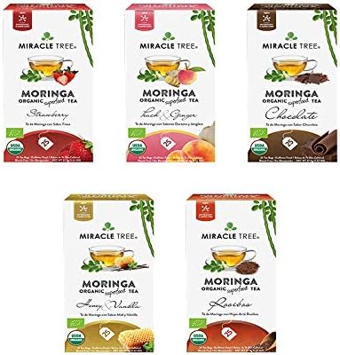 Miracle Tree - Organic Moringa Superfood Tea, 5 Pack Bundle, 5x25 Individually Sealed Tea Bags (Strawberry, Peach & Ginger, Chocolate, Honey & Vanilla, Rooibos)