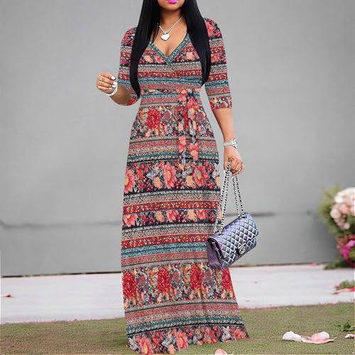 Image of Women's V Neck Floral Maxi Dress 3 /4 Sleeve Plus Size Boho Wrap Flowy Long Dresses with Belt