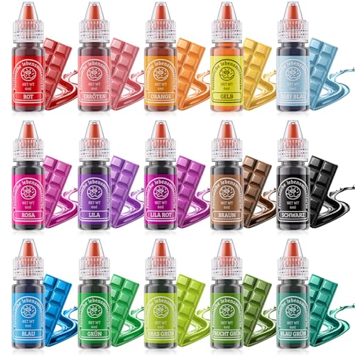 Fettlösliche Lebensmittelfarbe 15 Farben X 6ml - Lebensmittelfarben ölbasis für Schokolade, Fondant, Cupcakes, Kuchen, Backen, Macaron - Food Coloring für Tortendeko - 6ml