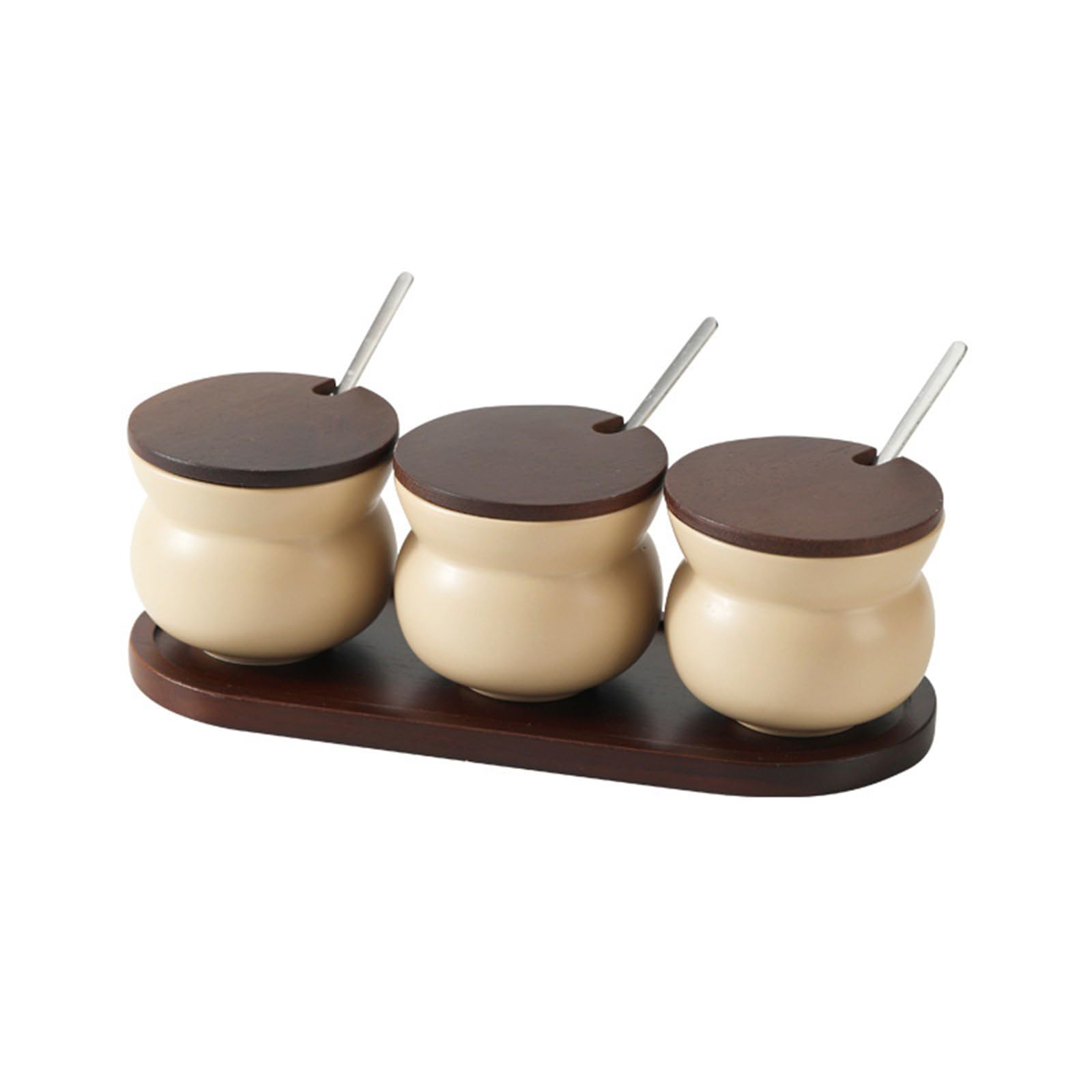 Qusinfc Ceramic Seasoning Container 3 Piece Set Minimalists Condiment Jars with Wooden Lid and Tray Spoon for Salt Sugar Pepper Ceramic Seasoning Jars